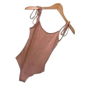 ME TO WE | Women’s Soft Pale Pink Vegan Leather Bodysuit + Shoulder Ties, XS
